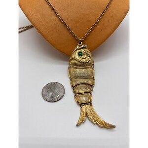 Vintage 1970s Articulated Gold Tone Koi Fish Pendant 18" Green Glass Eye